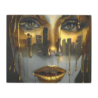 Golden Face Surrealist City Urban Digital Art メタルプリント