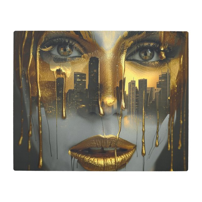 Golden Face Surrealist City Urban Digital Art メタルプリント (正面)
