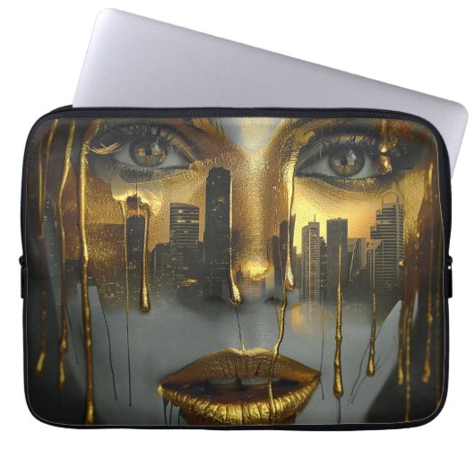 Golden Face Surrealist City Urban Digital Art ラップトップスリーブ (正面)