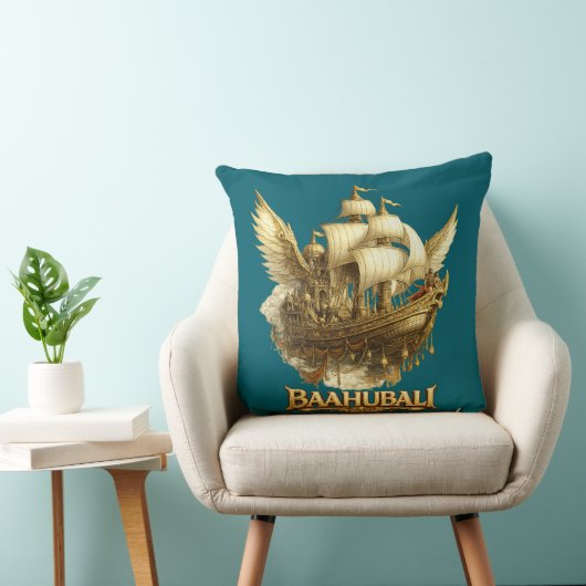 Golden Fantasy Flying Ship Art Throw Pillow クッション (椅子)