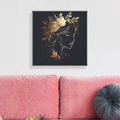 Golden Feminine Line Art Portrait with Floral Crow キャンバスプリント (インサイチュ (リビング))