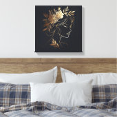 Golden Feminine Line Art Portrait with Floral Crow キャンバスプリント (インサイチュ (寝室))