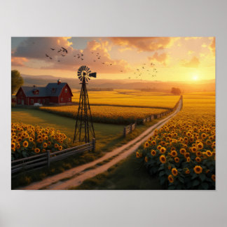 Golden Fields: Sunflowers and Serenity at Sunset ポスター