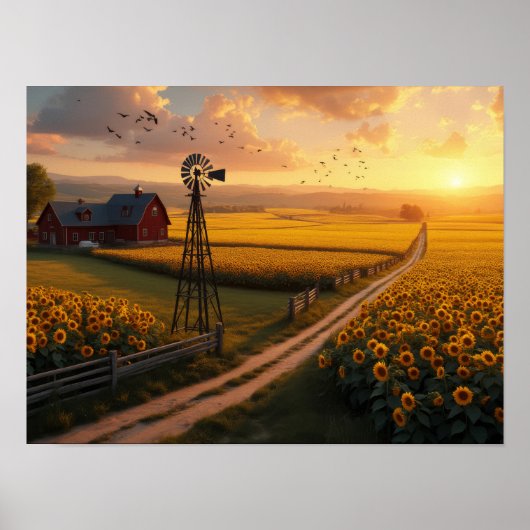 Golden Fields: Sunflowers and Serenity at Sunset ポスター (正面)
