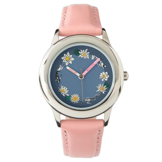 Golden Fish & Daisy Pink Leather Watch 腕時計 (正面)