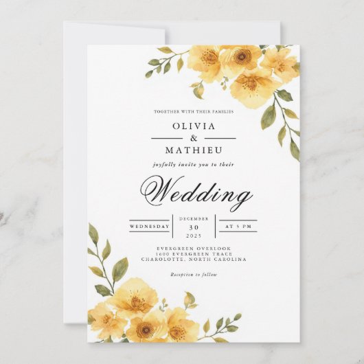 Golden Floral Arch Romance Wedding 招待状 (正面)