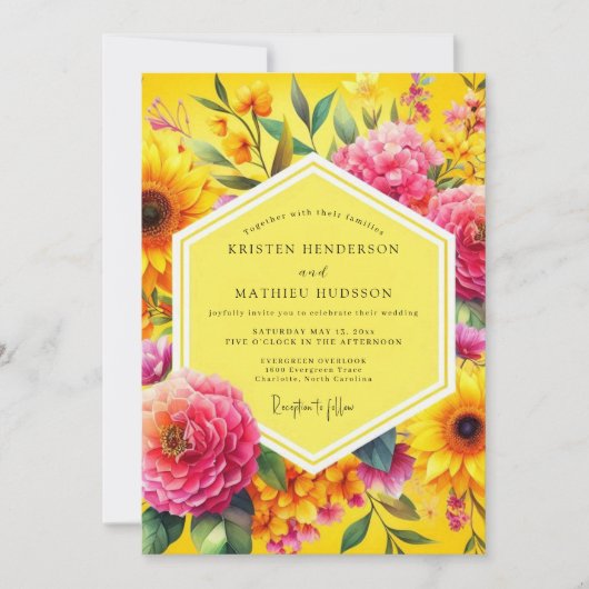 Golden Floral Bloom Wedding 招待状 (正面)