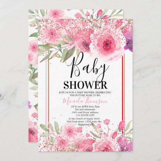 Golden floral cake for baby shower 招待状 (正面/裏面)