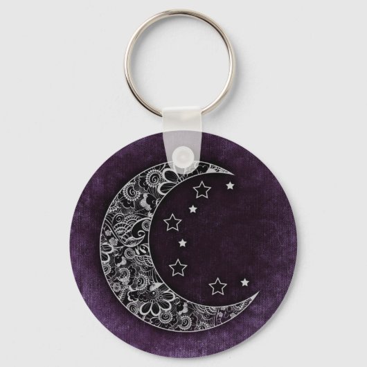 Golden Floral Crescent Moon and Stars on Purple キーホルダー (正面)