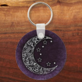 Golden Floral Crescent Moon and Stars on Purple キーホルダー (正面)