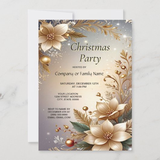 Golden Floral Holiday Party Invitation 招待状 (正面)
