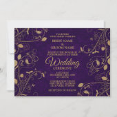 Golden Floral Leaves Pattern Purple Modern Wedding 招待状 (正面)