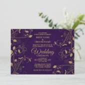 Golden Floral Leaves Pattern Purple Modern Wedding 招待状 (スタンド正面)