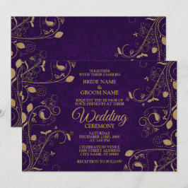 Golden Floral Leaves Pattern Purple Modern Wedding 招待状