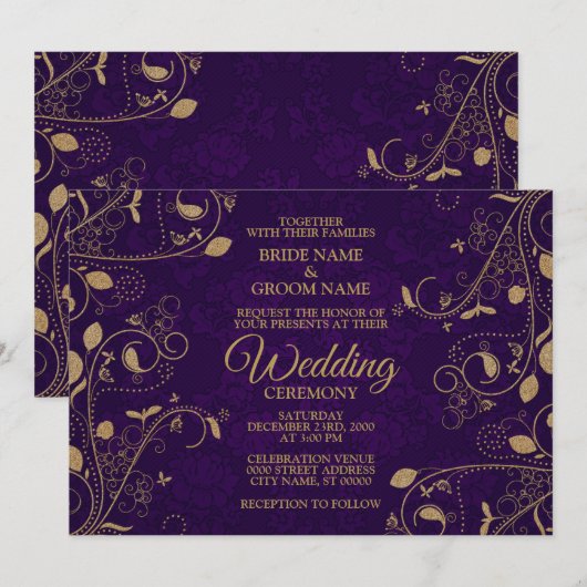 Golden Floral Leaves Pattern Purple Modern Wedding 招待状 (正面/裏面)