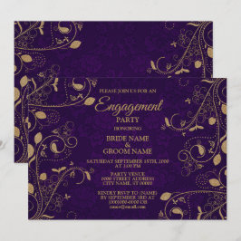 Golden Floral Leaves Purple Engagement Party 招待状