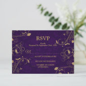 Golden Floral Leaves Purple Modern Wedding Party 出欠カード (スタンド正面)