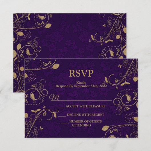 Golden Floral Leaves Purple Modern Wedding Party 出欠カード (正面/裏面)