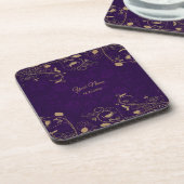Golden Floral Leaves Purple Wedding Party Modern コースター (左側)