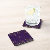 Golden Floral Leaves Purple Wedding Party Modern コースター (右側)