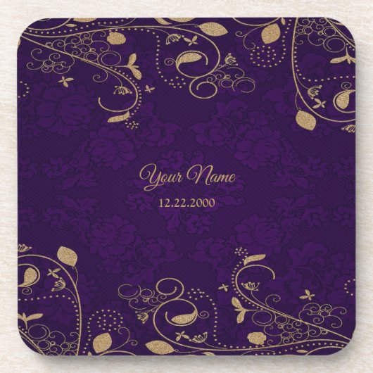 Golden Floral Leaves Purple Wedding Party Modern コースター (正面)