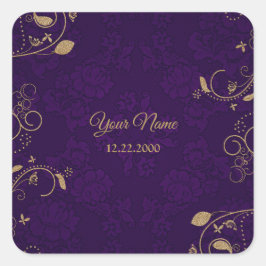 Golden Floral Leaves Purple Wedding Party Modern スクエアシール
