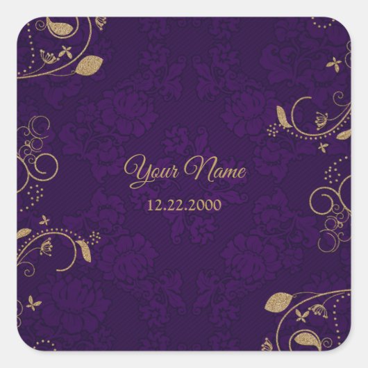 Golden Floral Leaves Purple Wedding Party Modern スクエアシール (正面)