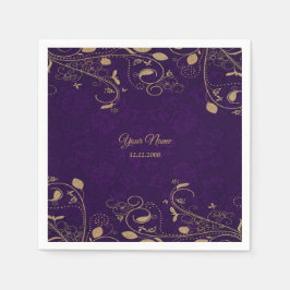 Golden Floral Leaves Purple Wedding Party Modern スタンダードカクテルナプキン