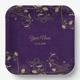 Golden Floral Leaves Purple Wedding Party Modern ペーパープレート