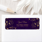 Golden Floral Leaves Purple Wedding Return Address ラベル (インサイチュ)