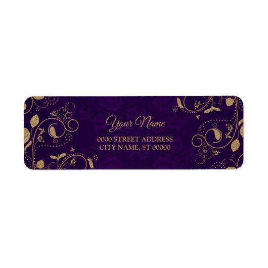 Golden Floral Leaves Purple Wedding Return Address ラベル (正面)
