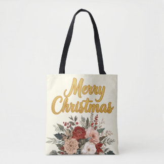 Golden Floral Merry Christmas Bouquet トートバッグ