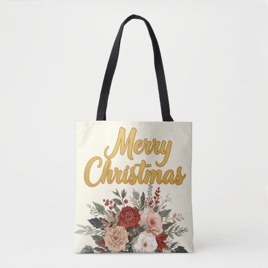 Golden Floral Merry Christmas Bouquet トートバッグ (正面)