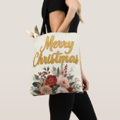 Golden Floral Merry Christmas Bouquet トートバッグ (クローズアップ)