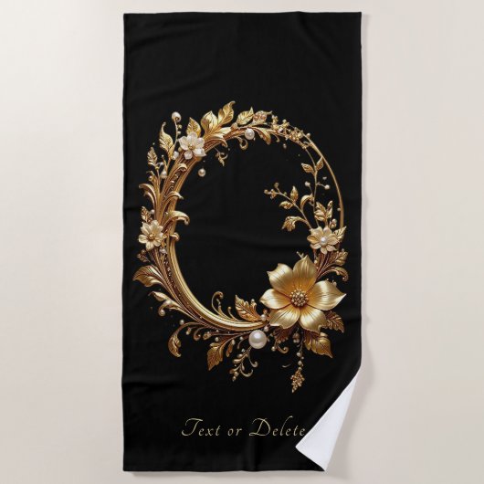 Golden Floral Ornate Beach Towel ビーチタオル (正面)