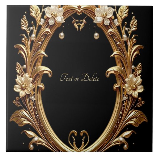 Golden Floral Ornate Frame Ceramic Tile タイル (正面)