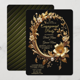 Golden Floral Ornate Frame Engagement Invitation 招待状