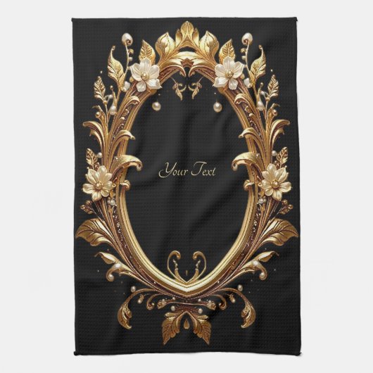 Golden Floral Ornate Frame Kitchen Towel キッチンタオル (縦)