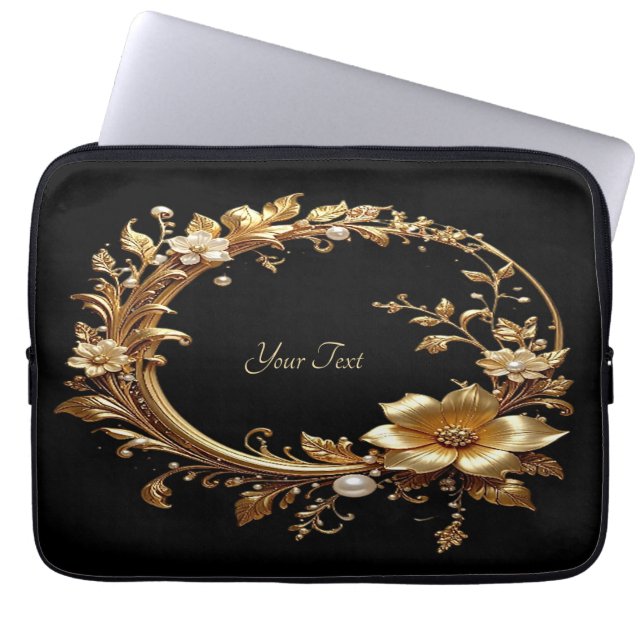 Golden Floral Ornate Frame Laptop Sleeve ラップトップスリーブ (正面)
