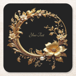 Golden Floral Ornate Frame Paper Coaster スクエアペーパーコースター