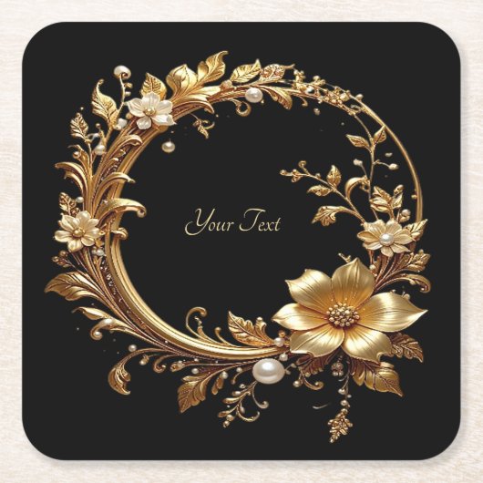 Golden Floral Ornate Frame Paper Coaster スクエアペーパーコースター (正面)