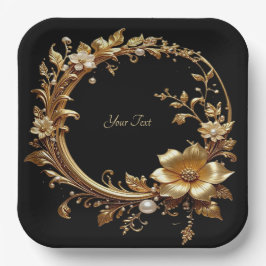 Golden Floral Ornate Frame Paper Plate ペーパープレート