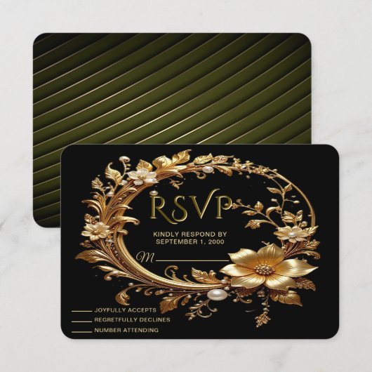 Golden Floral Ornate Frame RSVP Card (正面/裏面)