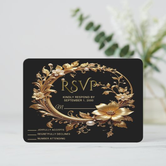 Golden Floral Ornate Frame RSVP Card (スタンド正面)