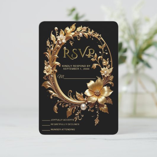 Golden Floral Ornate Frame RSVP Card (スタンド正面)