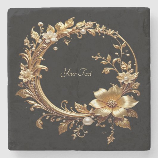 Golden Floral Ornate Frame Stone Coaster ストーンコースター (正面)