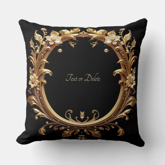 Golden Floral Ornate Frame Throw Pillow クッション (正面)