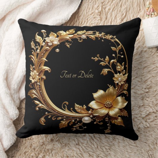 Golden Floral Ornate Frame Throw Pillow クッション (ブランケット)