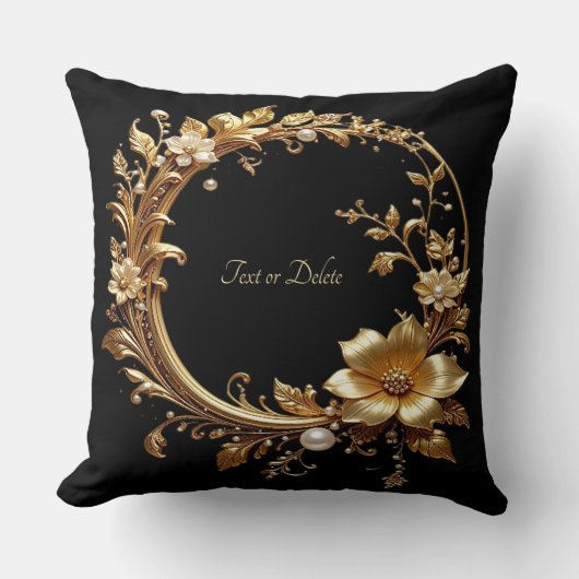 Golden Floral Ornate Frame Throw Pillow クッション (正面)
