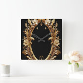 Golden Floral Ornate Frame Wall Clock スクエア壁時計 (ホーム)